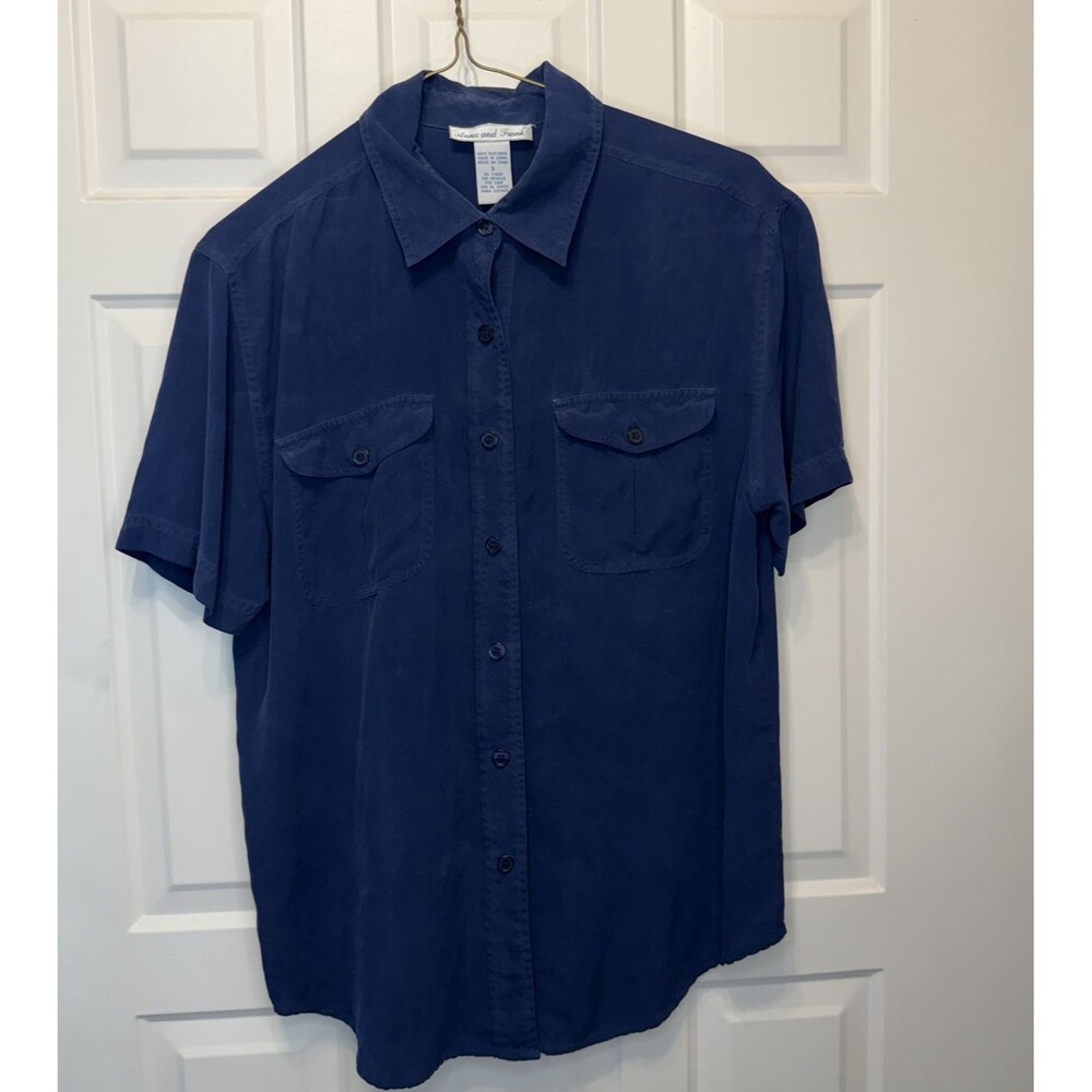 Anna and Frank Vintage 90s 100% Silk Short Sleeve Button Down Shirt Size S Navy